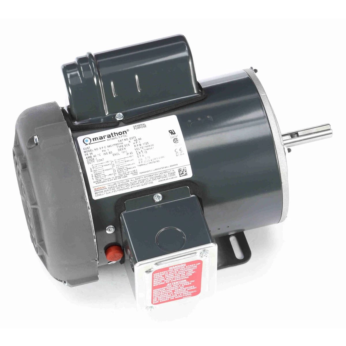 Marathon Motors 1 HP, 1725, Tefc, 56, 115/208-230v Motor, G373 1 Marathon Motors 1 HP, 1725, Tefc, 56, 115/208-230v Motor, G373